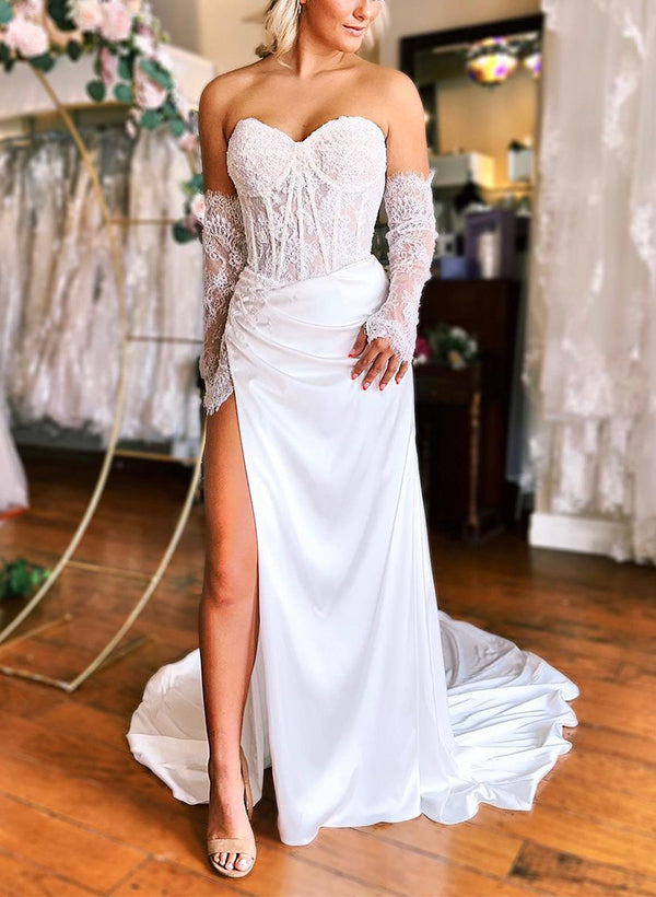 Sweetheart Long Sleeves Satin Wedding Dress With Split Front