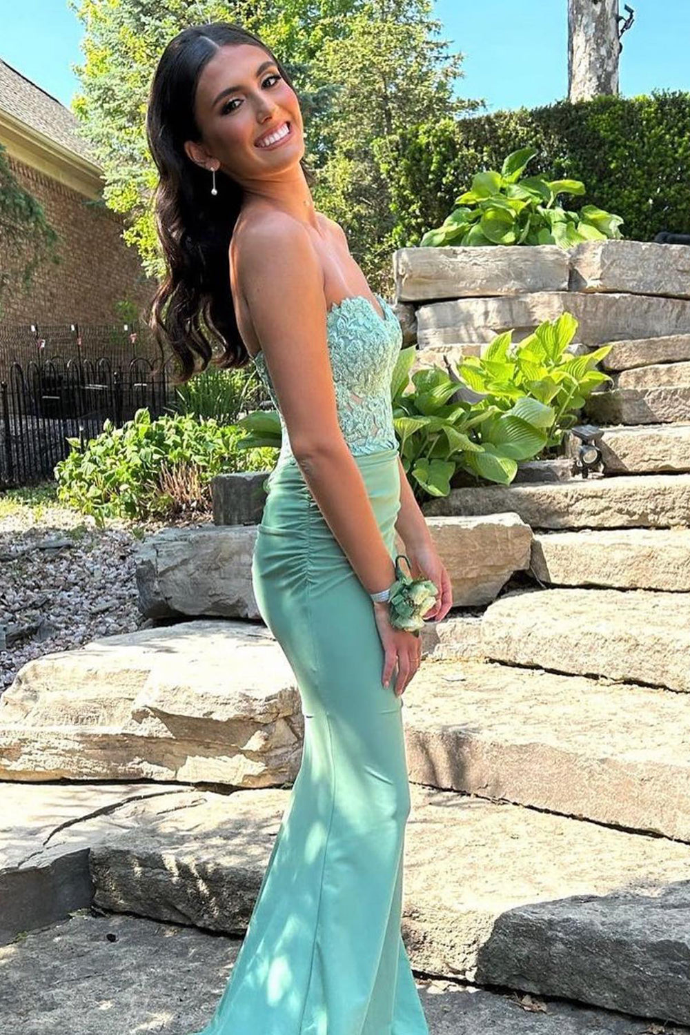 Sweetheart Mint Prom Dress Mermaid Long Corset Evening Dress with Appliques
