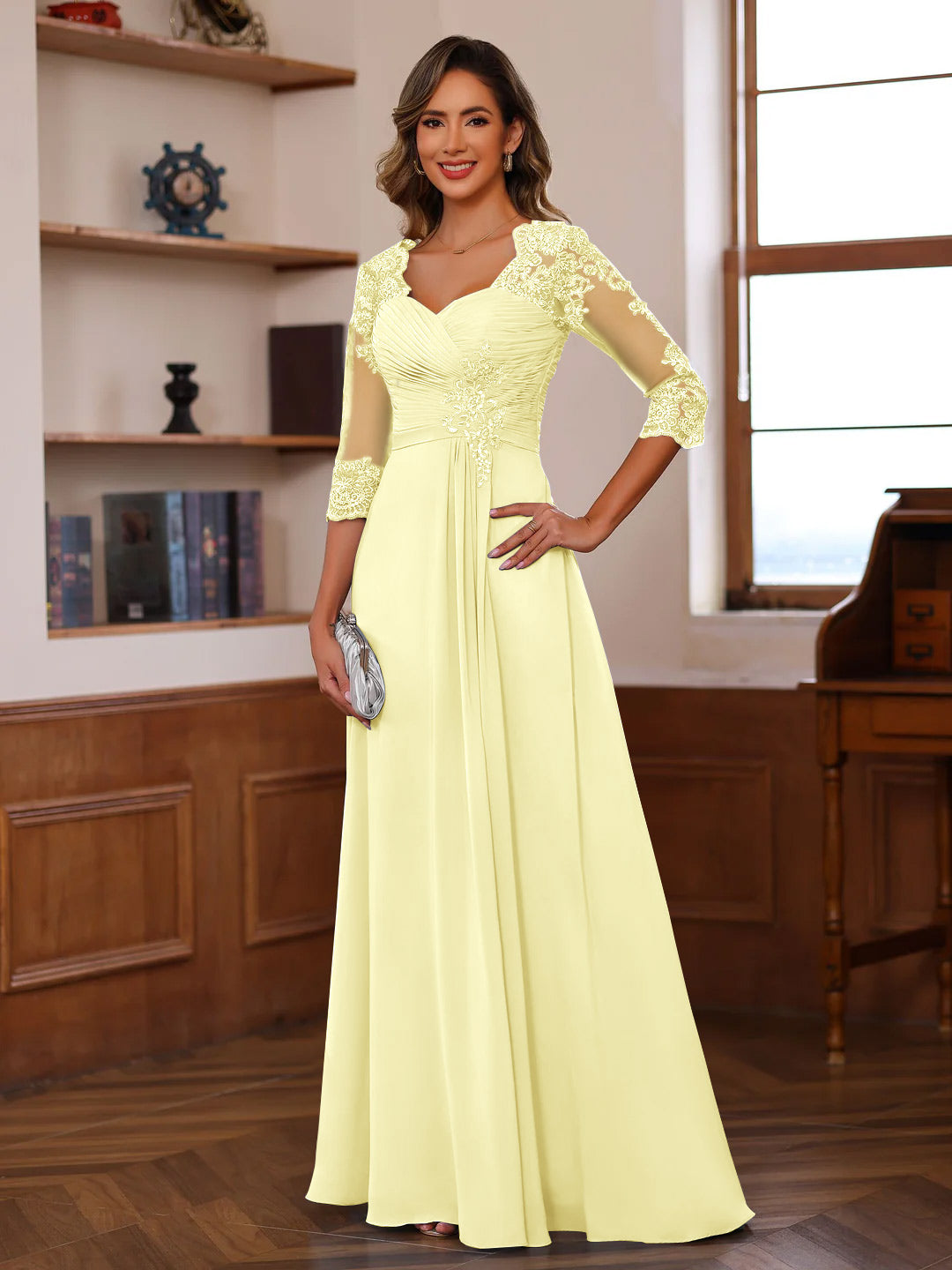 Sweetheart Neck A-Line Princess Gown with 3/4 Sleeves Floor-Length Lace Bridal Dress Featuring Ruffles & Appliques