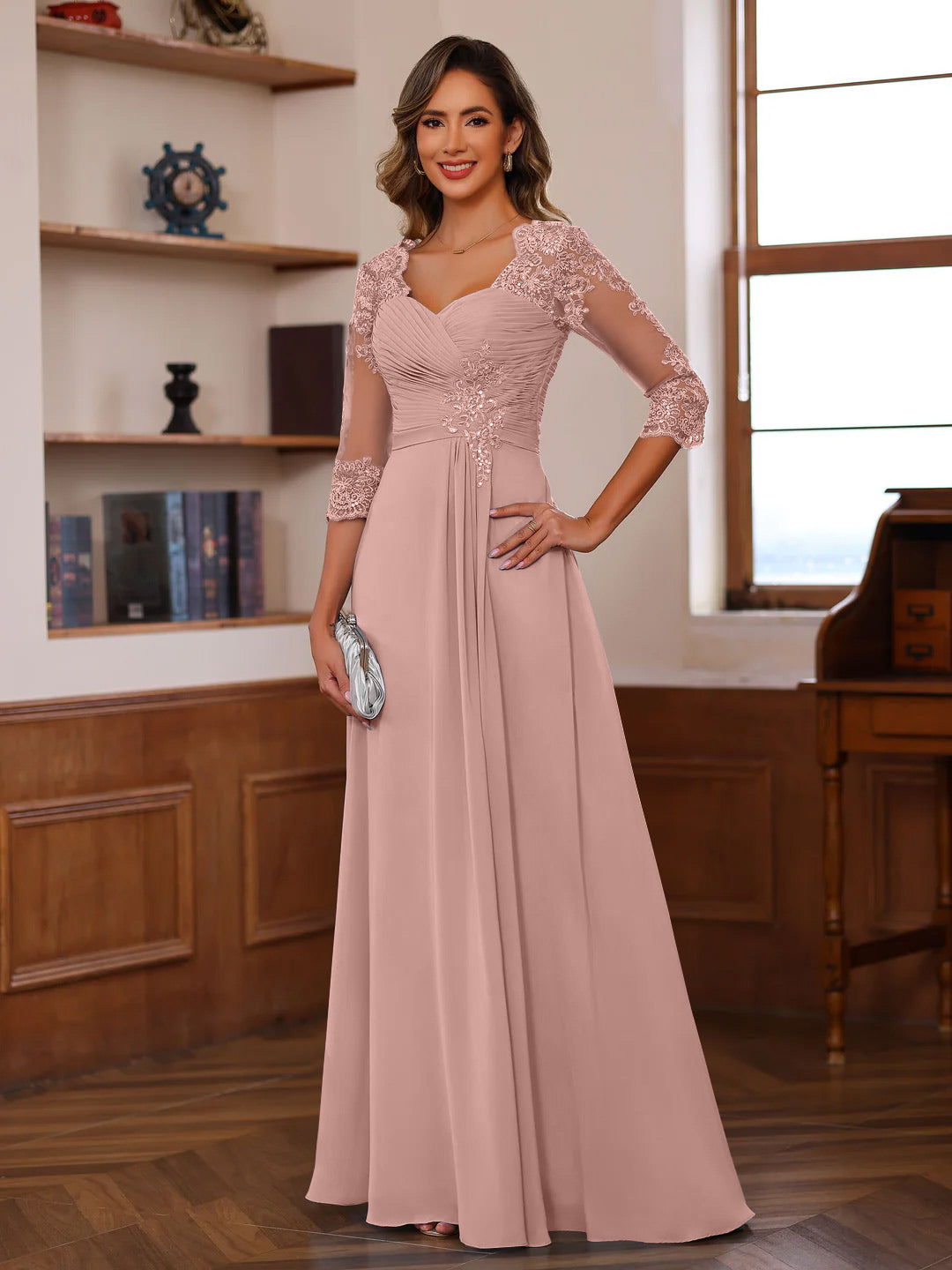 Sweetheart Neck A-Line Princess Gown with 3/4 Sleeves Floor-Length Lace Bridal Dress Featuring Ruffles & Appliques