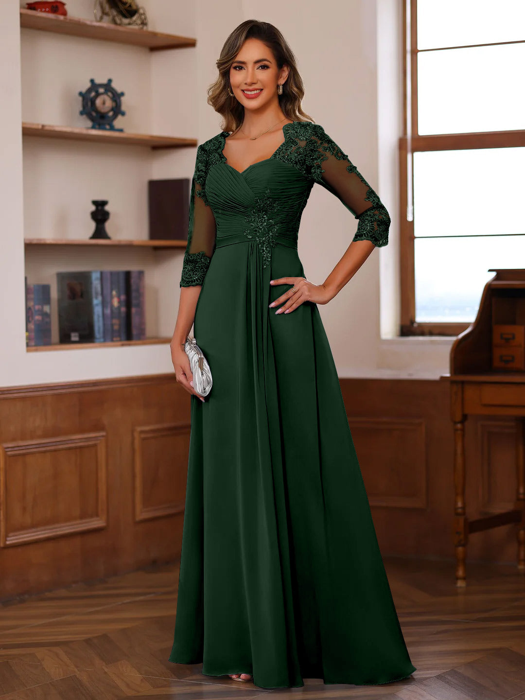 Sweetheart Neck A-Line Princess Gown with 3/4 Sleeves Floor-Length Lace Bridal Dress Featuring Ruffles & Appliques