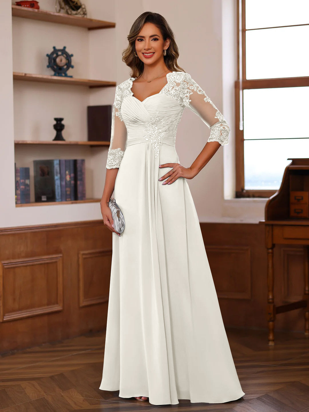 Sweetheart Neck A-Line Princess Gown with 3/4 Sleeves Floor-Length Lac Dressystars Sweetheart Neck A-Line Princess Gown with 3/4 Sleeves Floor-Length Lac Dressystars