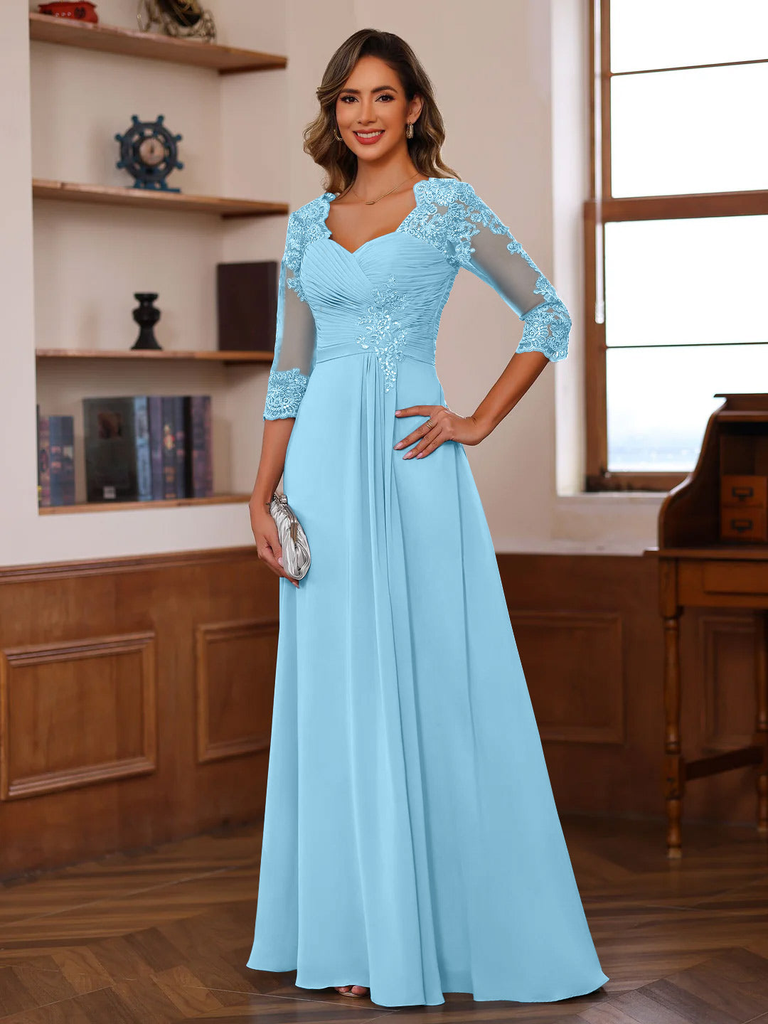 Sweetheart Neck A-Line Princess Gown with 3/4 Sleeves Floor-Length Lac – Dressystars