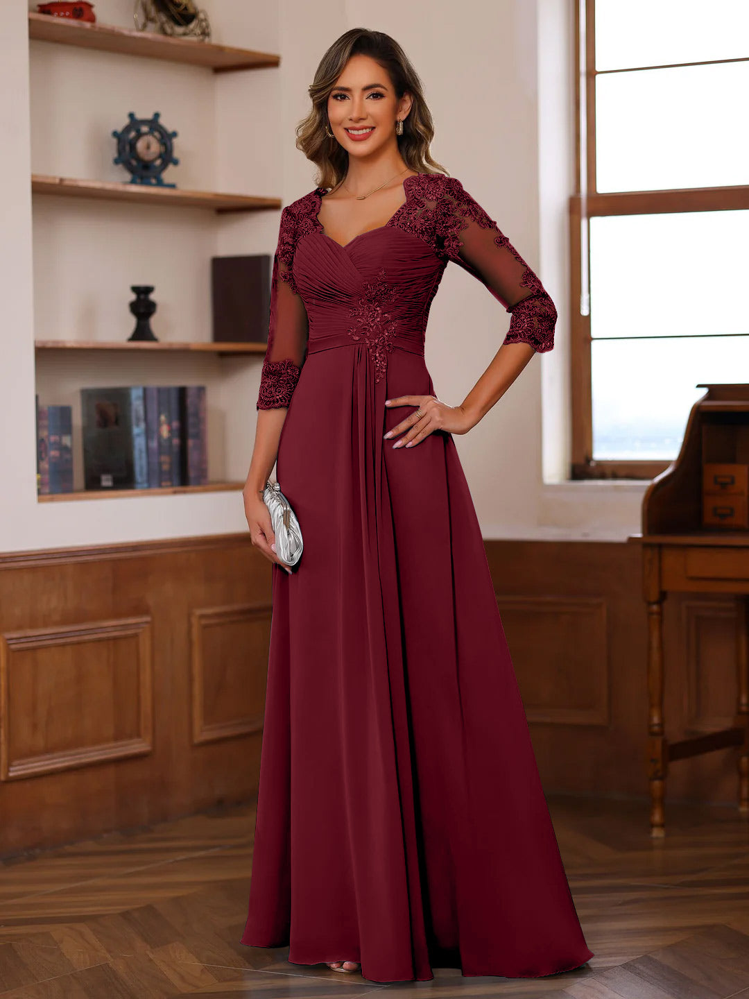 Sweetheart Neck A-Line Princess Gown with 3/4 Sleeves Floor-Length Lace Bridal Dress Featuring Ruffles & Appliques