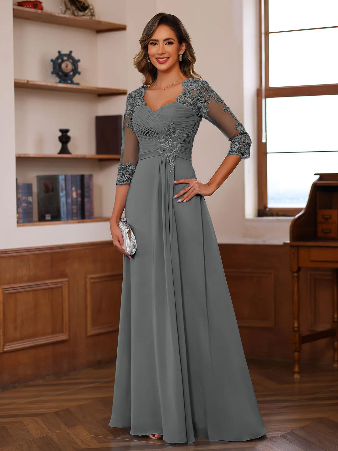 Sweetheart Neck A-Line Princess Gown with 3/4 Sleeves Floor-Length Lace Bridal Dress Featuring Ruffles & Appliques