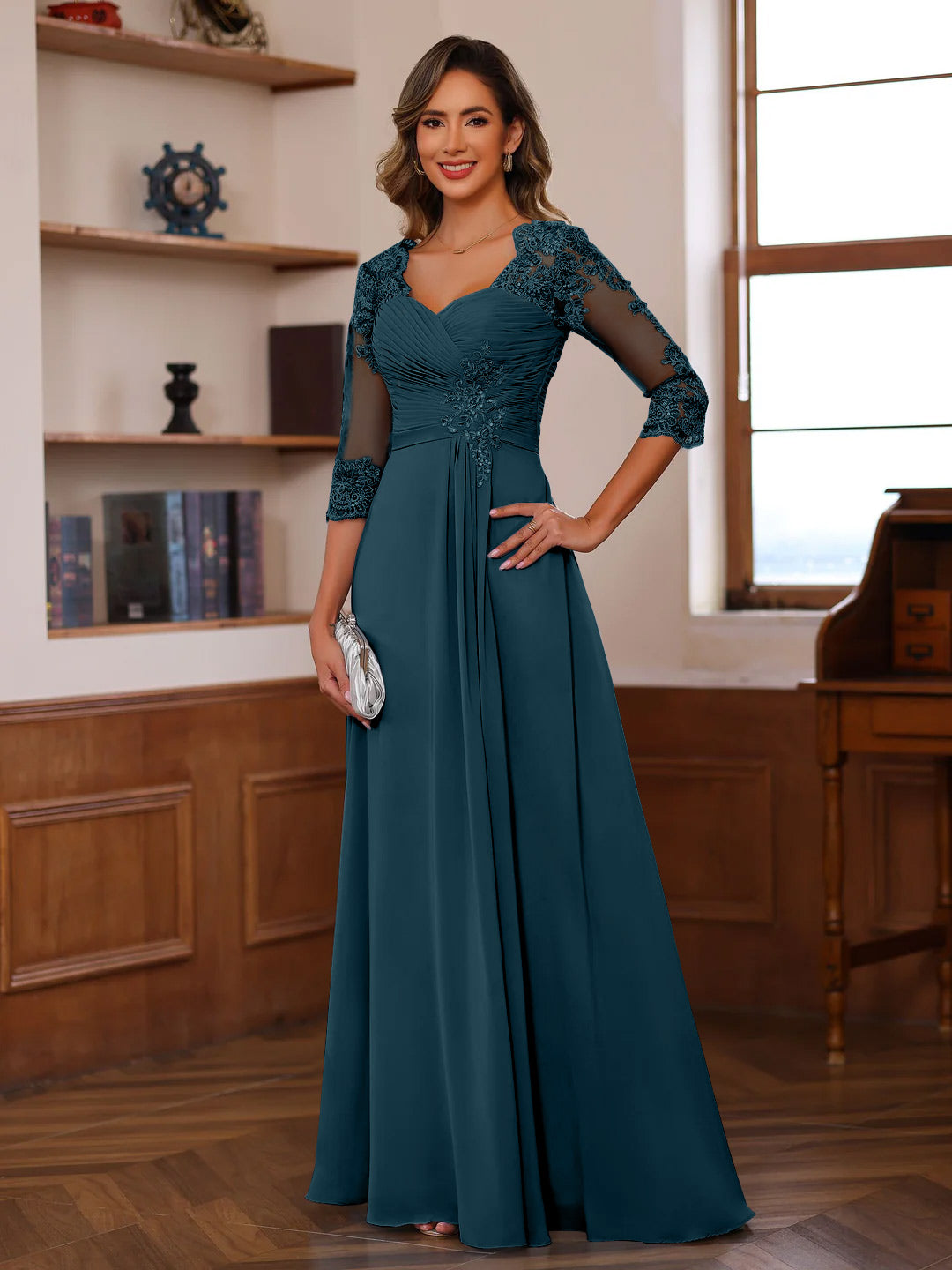Sweetheart Neck A-Line Princess Gown with 3/4 Sleeves Floor-Length Lace Bridal Dress Featuring Ruffles & Appliques