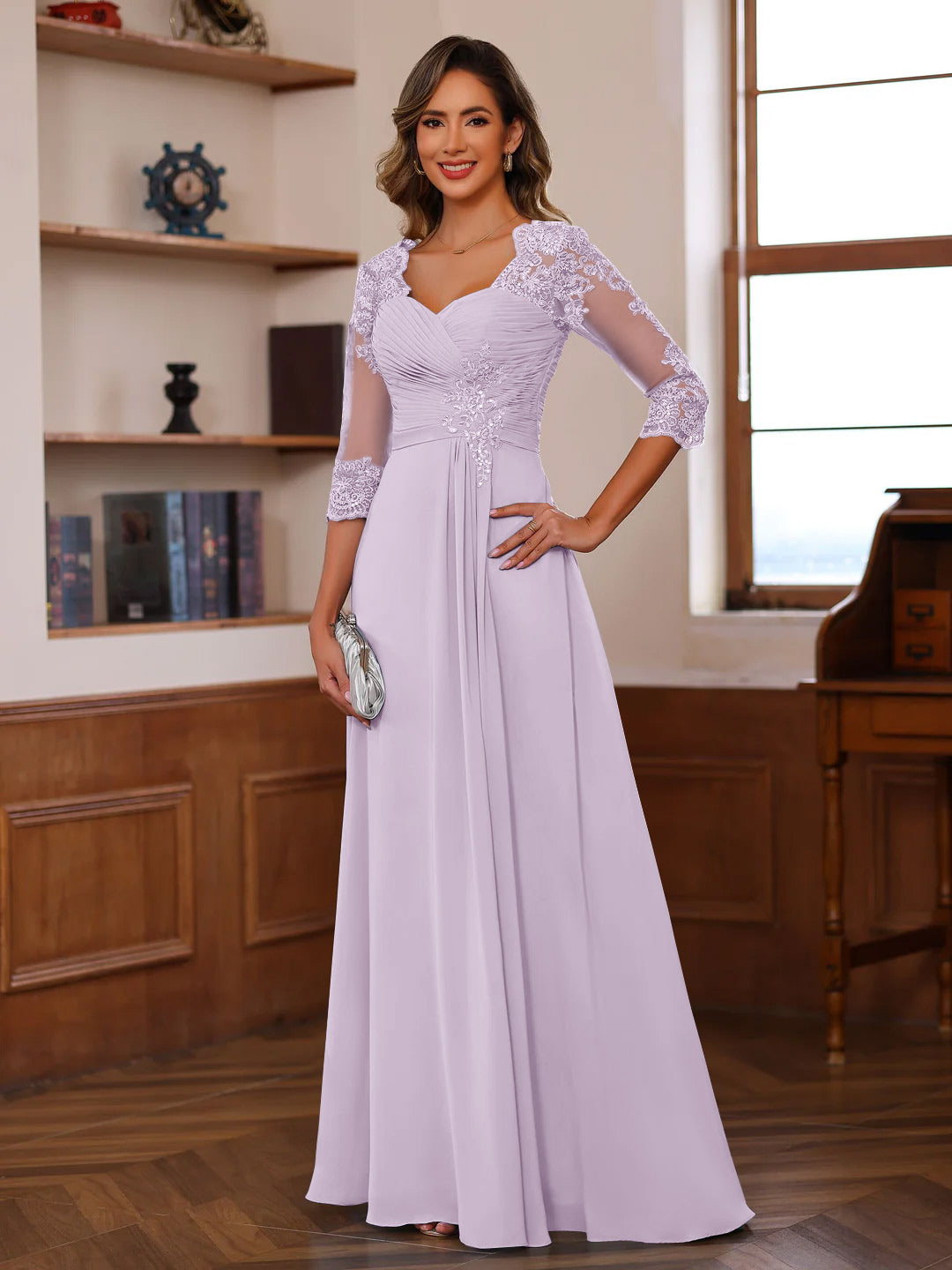 knee length dresses for ladies Sweetheart Neck A-Line Princess Gown with 3/4 Sleeves Floor-Length Lace Bridal Dress Featuring Ruffles & Appliques
