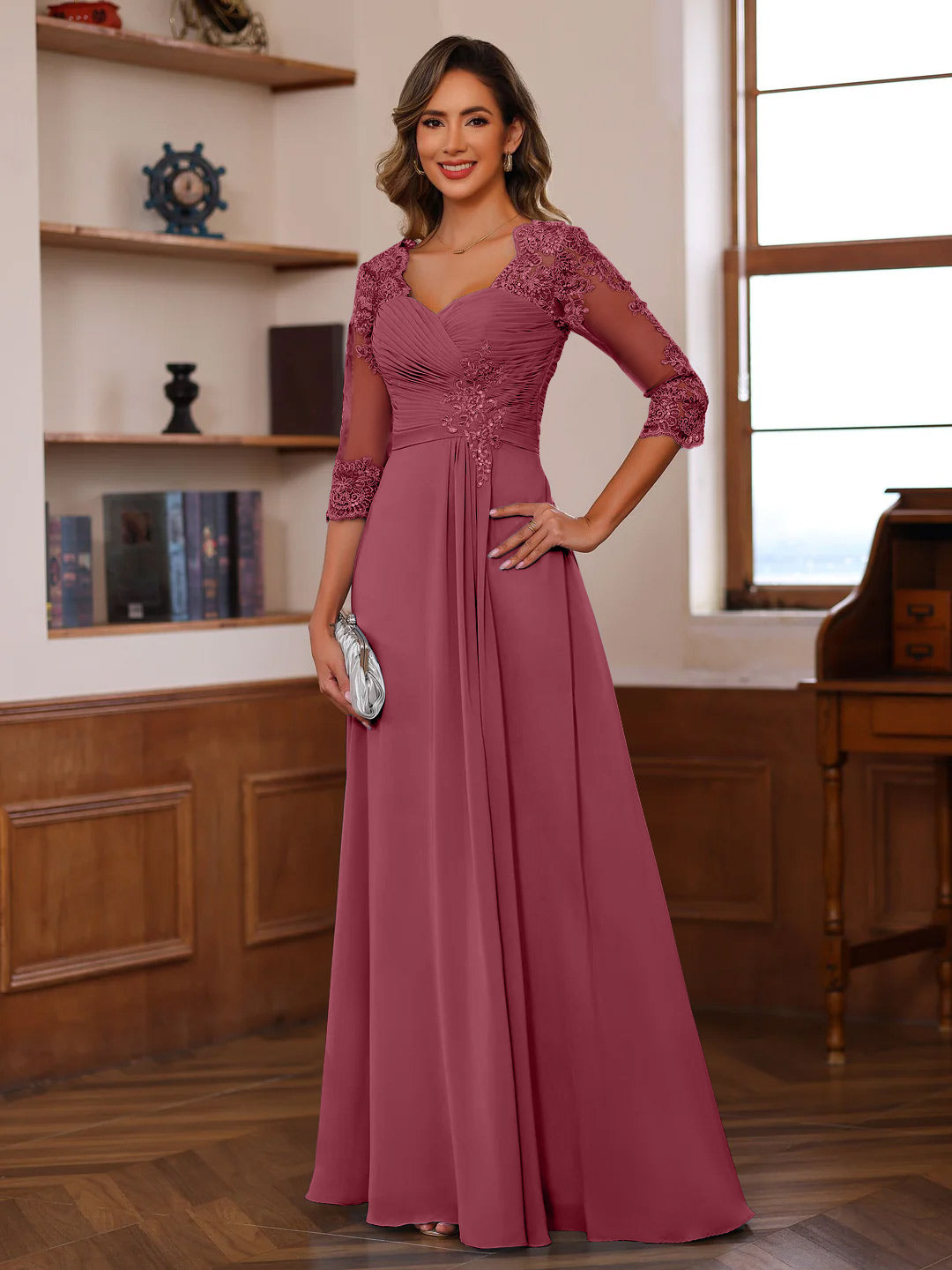Sweetheart Neck A-Line Princess Gown with 3/4 Sleeves Floor-Length Lace Bridal Dress Featuring Ruffles & Appliques