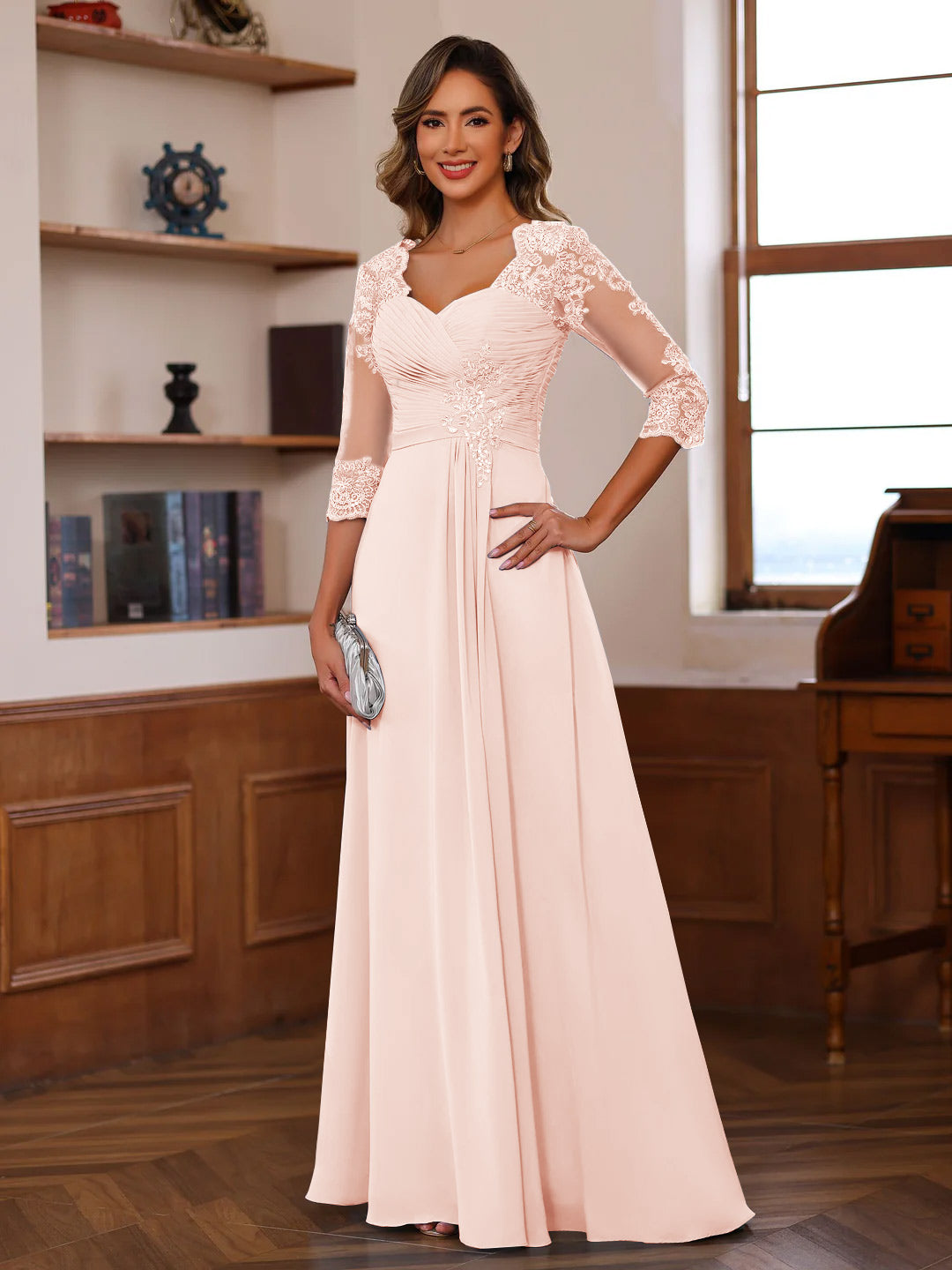 pink lace dress with 3 4 sleeves Blush Pink Midi Short Lace Overlay Dress With 3/4 Length Sleeve