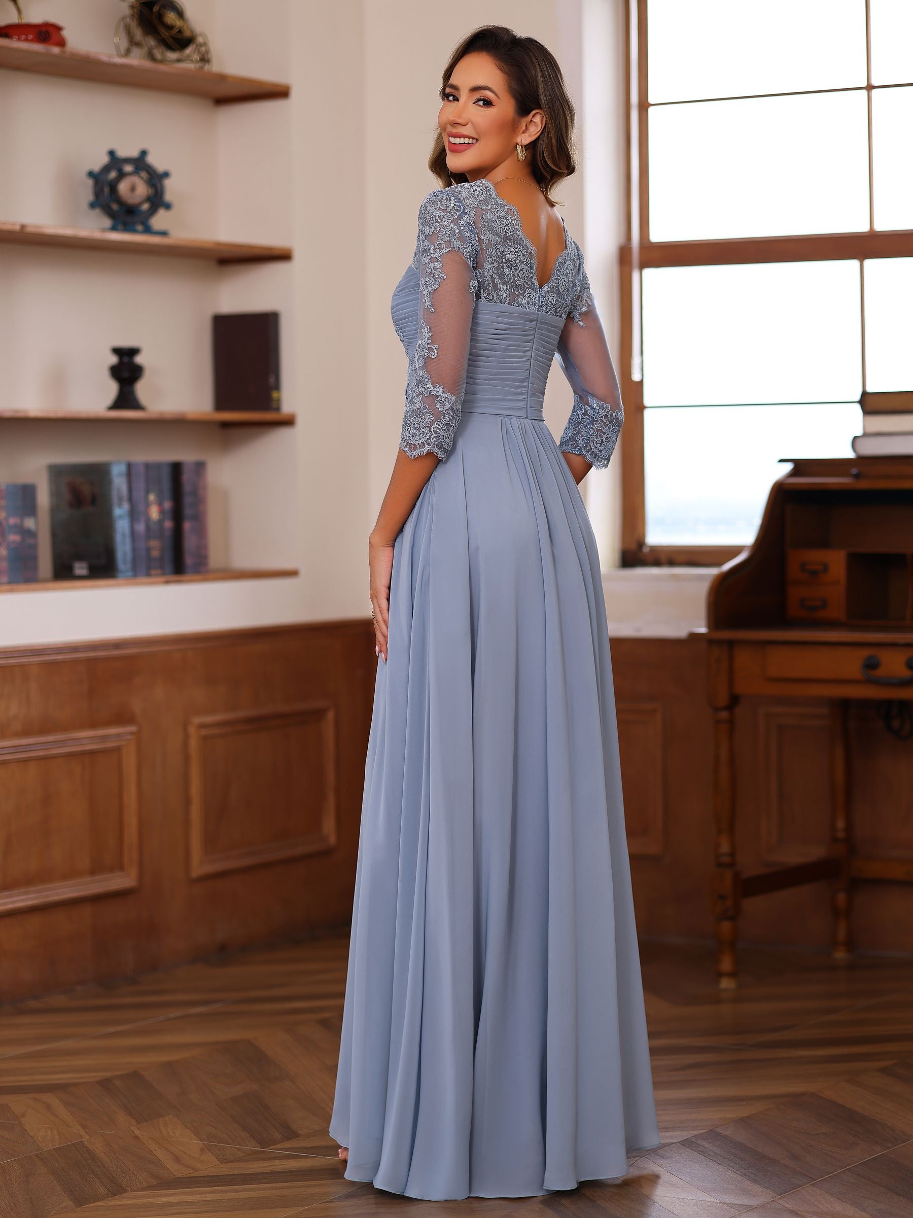 Sweetheart Neck A-Line Princess Gown with 3/4 Sleeves Floor-Length Lace Bridal Dress Featuring Ruffles & Appliques