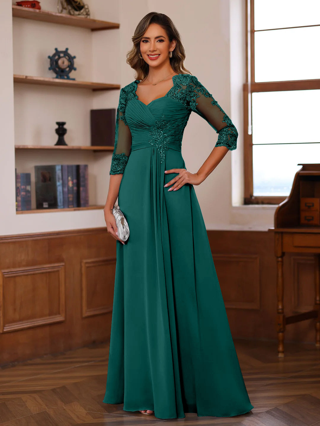 Sweetheart Neck A-Line Princess Gown with 3/4 Sleeves Floor-Length Lace Bridal Dress Featuring Ruffles & Appliques