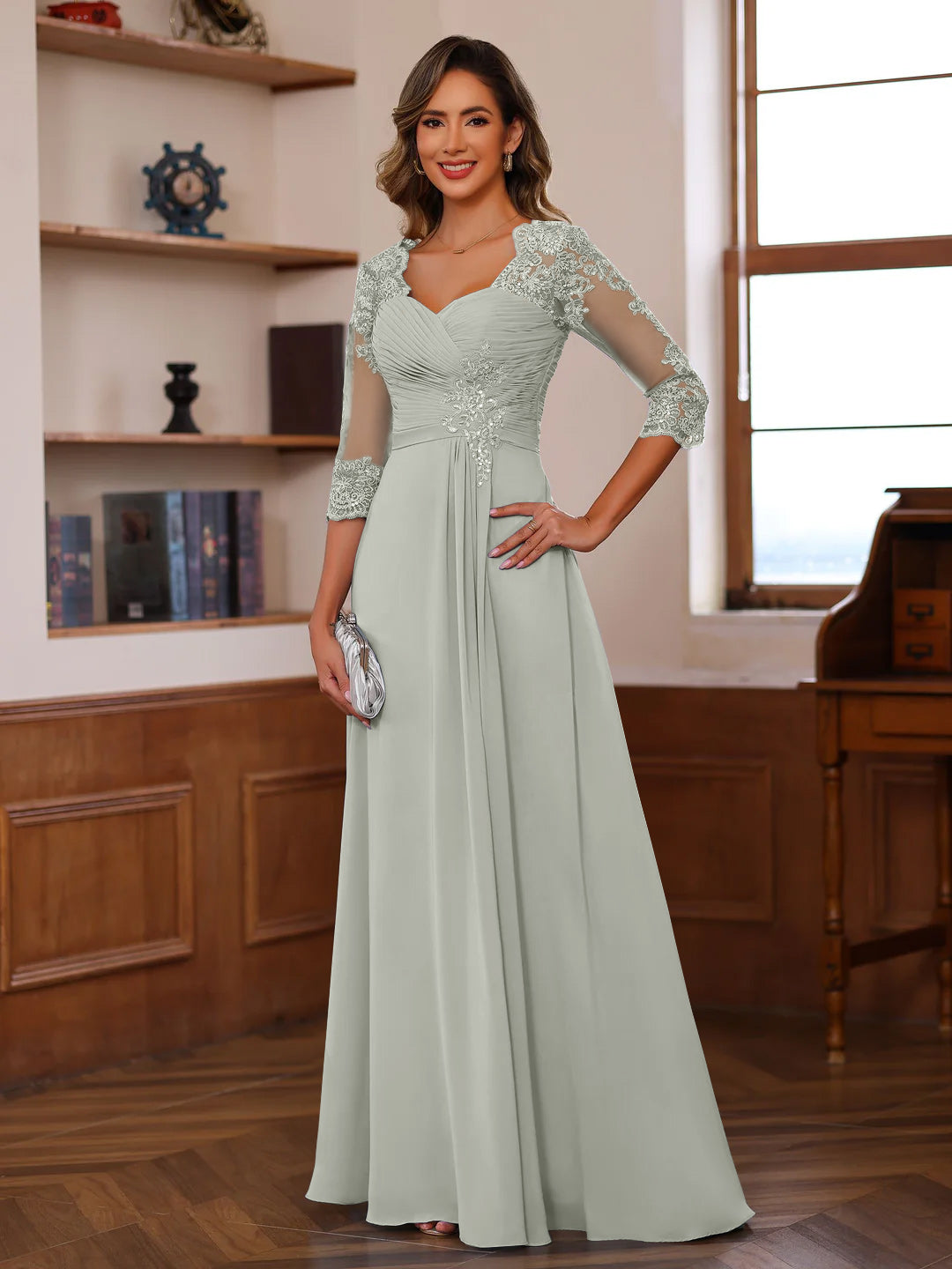 Sweetheart Neck A-Line Princess Gown with 3/4 Sleeves Floor-Length Lace Bridal Dress Featuring Ruffles & Appliques