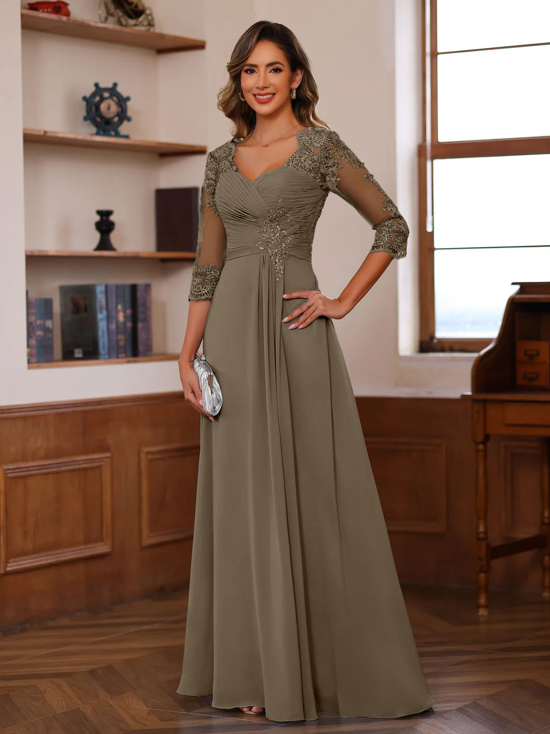 Sweetheart Neck A-Line Princess Gown with 3/4 Sleeves Floor-Length Lace Bridal Dress Featuring Ruffles & Appliques