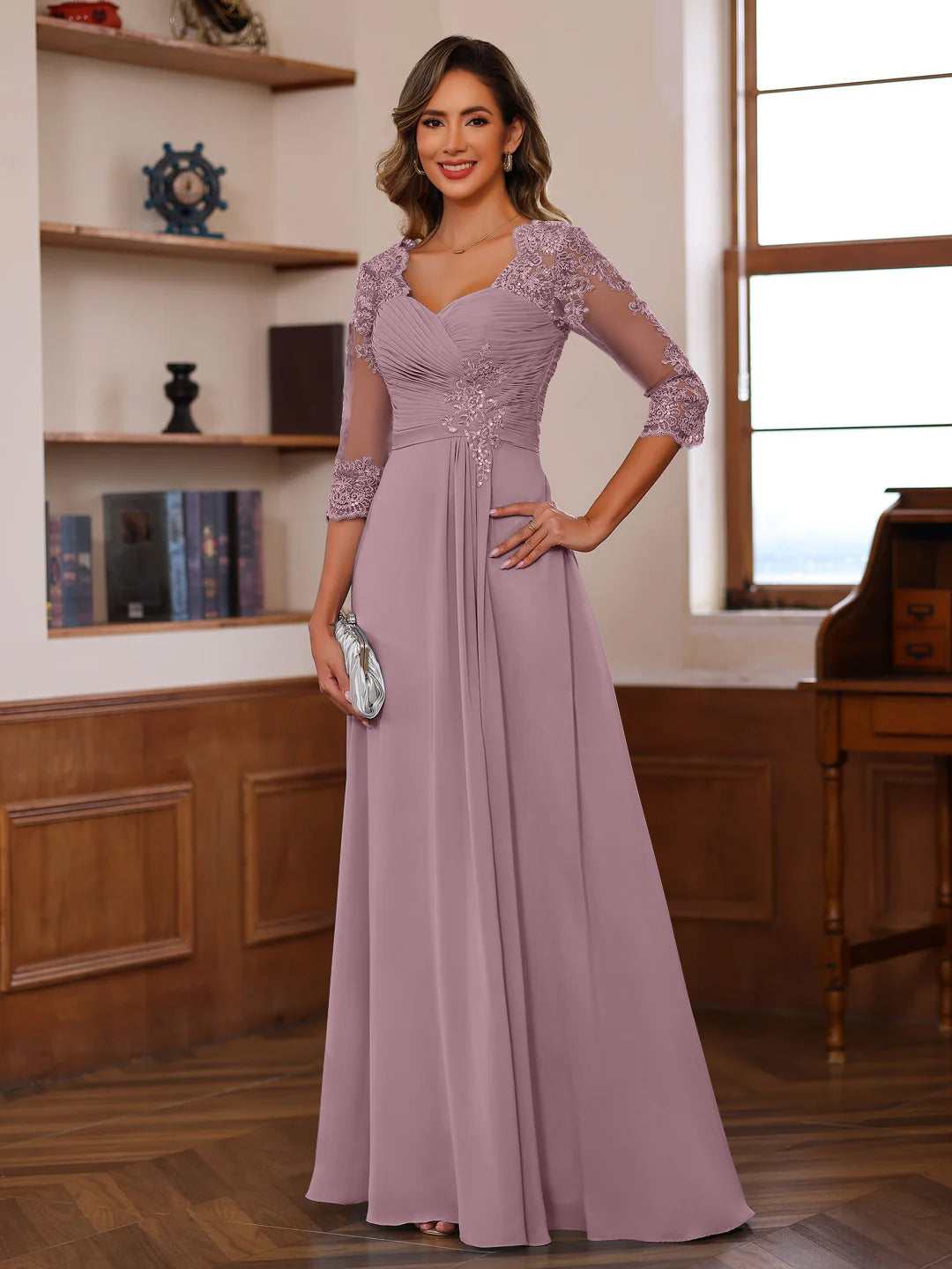 Sweetheart Neck A-Line Princess Gown with 3/4 Sleeves Floor-Length Lace Bridal Dress Featuring Ruffles & Appliques