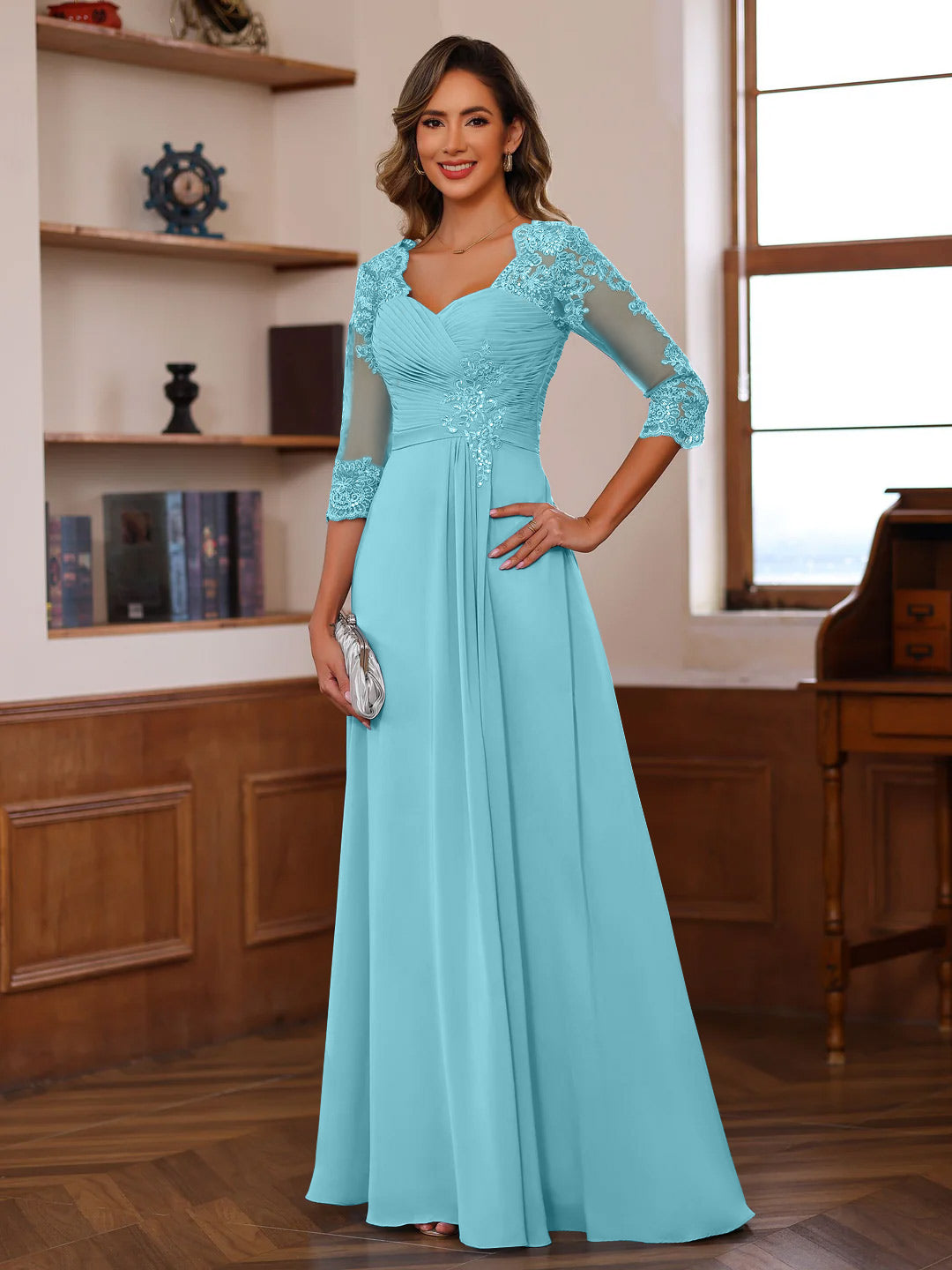 Sweetheart Neck A-Line Princess Gown with 3/4 Sleeves Floor-Length Lace Bridal Dress Featuring Ruffles & Appliques