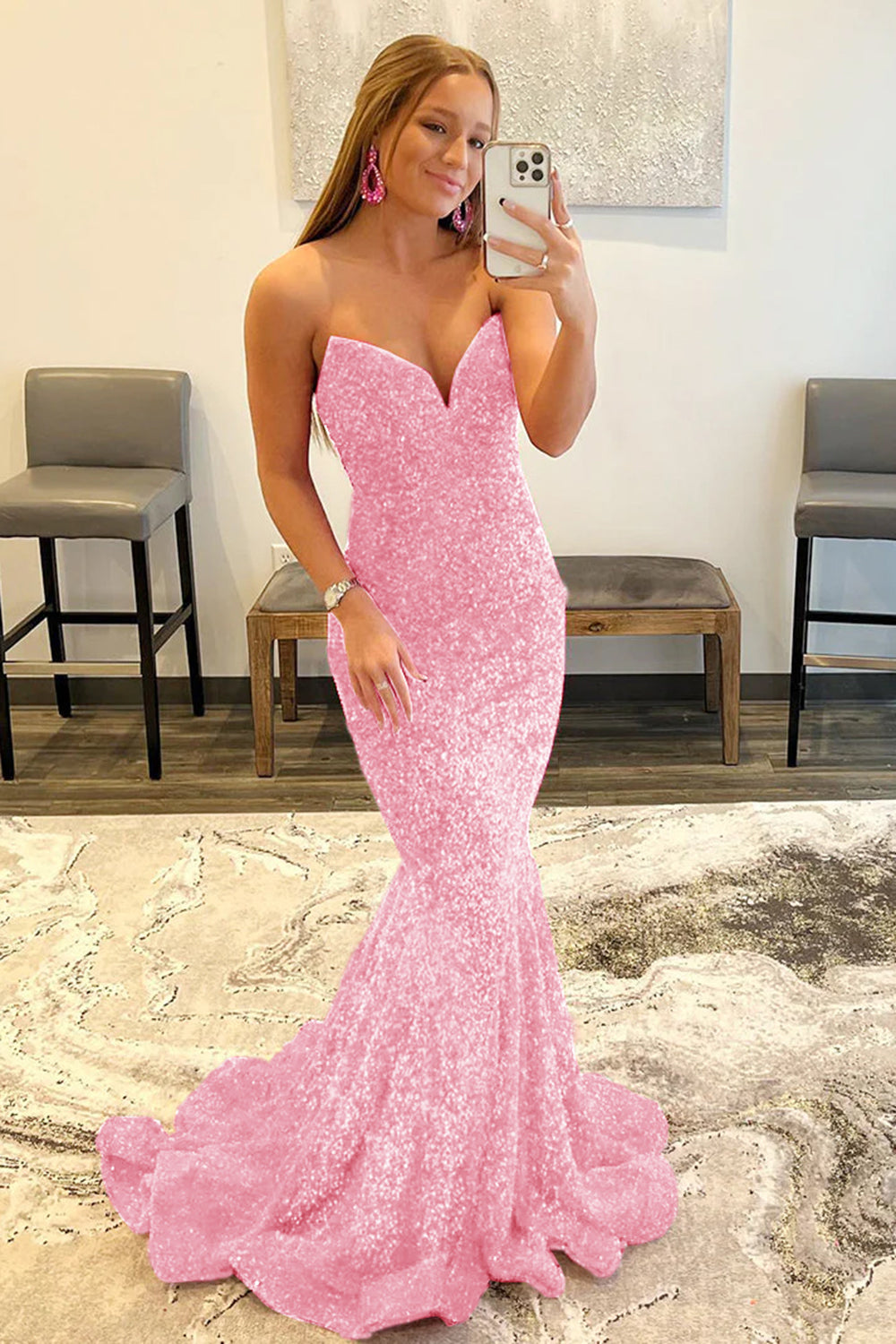 Sweetheart Neck Fuchsia Prom Dress Sequined Mermaid Evening Dress With Sweep Train