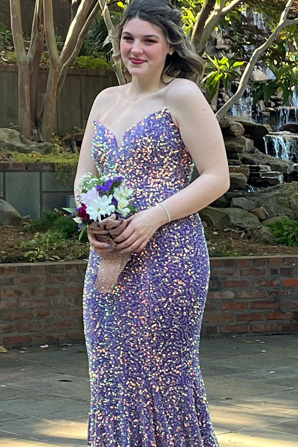 Sweetheart Neck Fuchsia Prom Dress Sequined Mermaid Evening Dress With Sweep Train