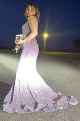 Sweetheart Neck Fuchsia Prom Dress Sequined Mermaid Evening Dress With Sweep Train