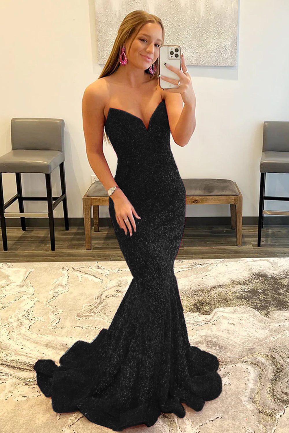 Sweetheart Neck Fuchsia Prom Dress Sequined Mermaid Evening Dress With Sweep Train