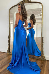 Sweetheart Neck Prom Dress Satin Blue Long Formal Dress Evening Dress