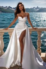 Sweetheart Neckline Sweep Train Satin Panel Train Wedding Dress With Front Split