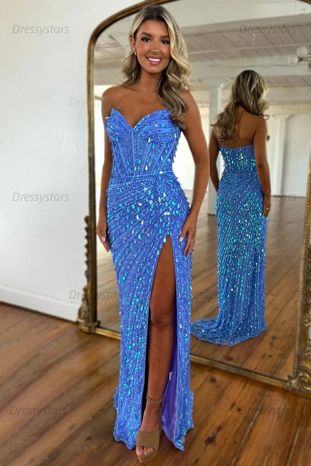 Sweetheart Prom Dress Mermaid Sequined With High Slit Skirt Formal Evening Gown