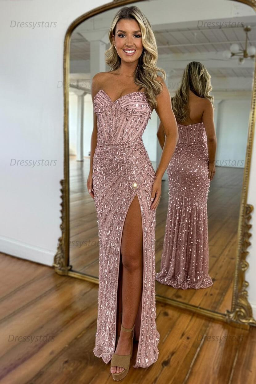 Sweetheart Prom Dress Mermaid Sequined With High Slit Skirt Formal Evening Gown