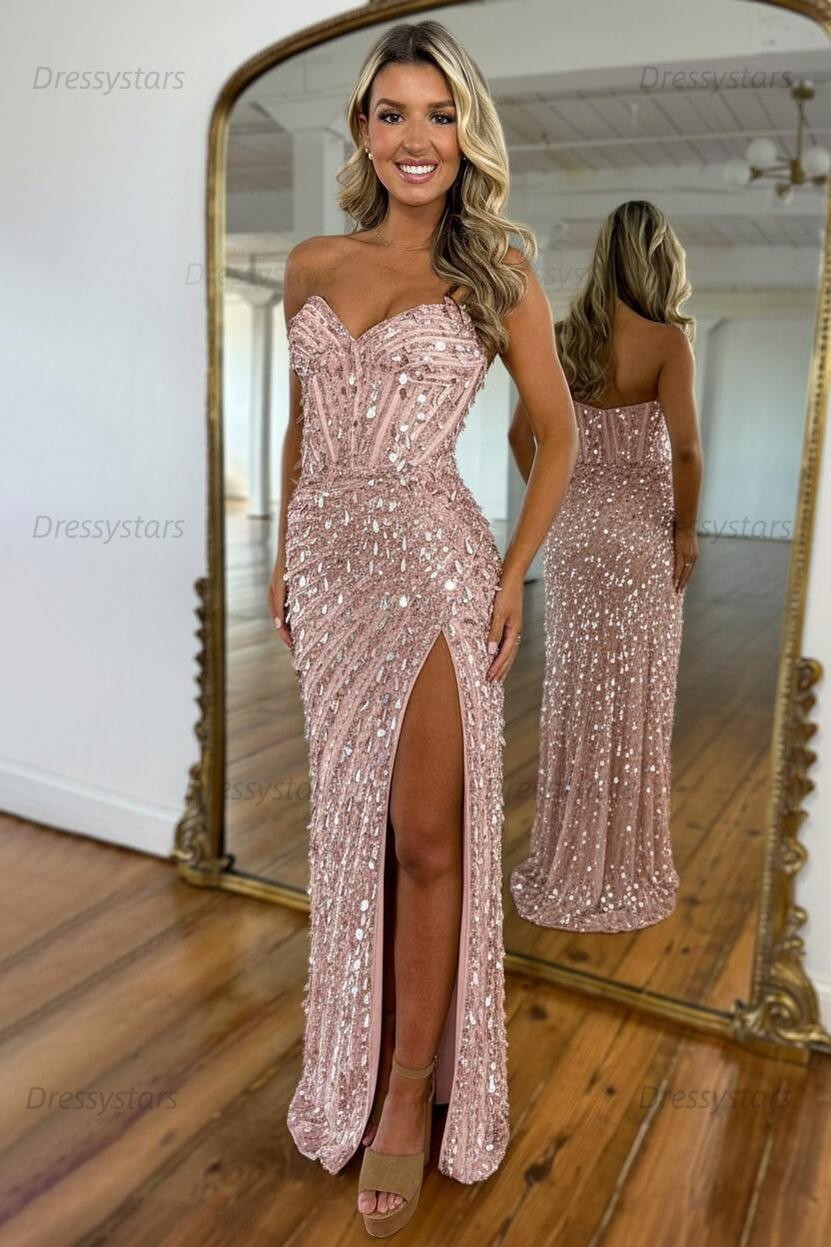 Sweetheart Prom Dress Mermaid Sequined With High Slit Skirt Formal Evening Gown