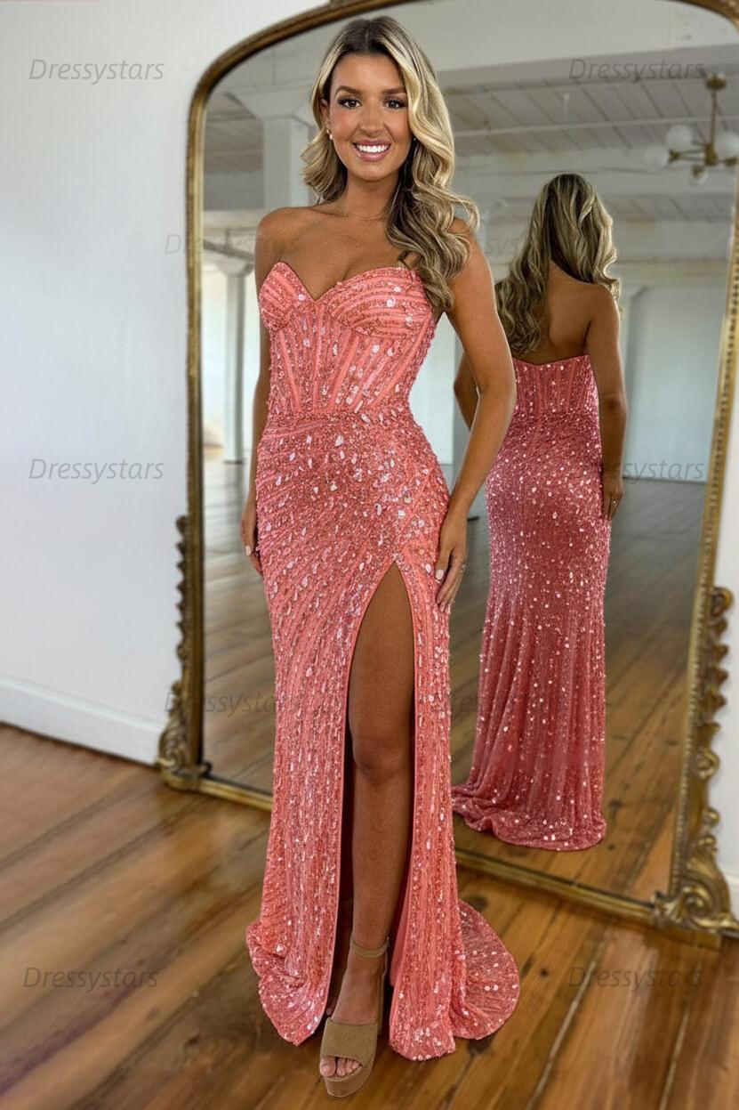 Sweetheart Prom Dress Mermaid Sequined With High Slit Skirt Formal Evening Gown