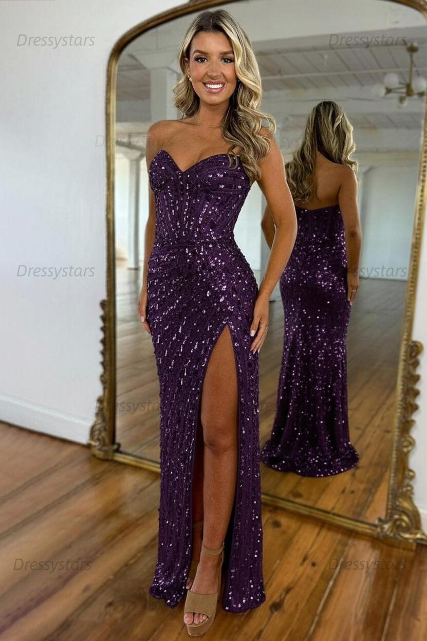 Sweetheart Prom Dress Mermaid Sequined With High Slit Skirt Formal Evening Gown