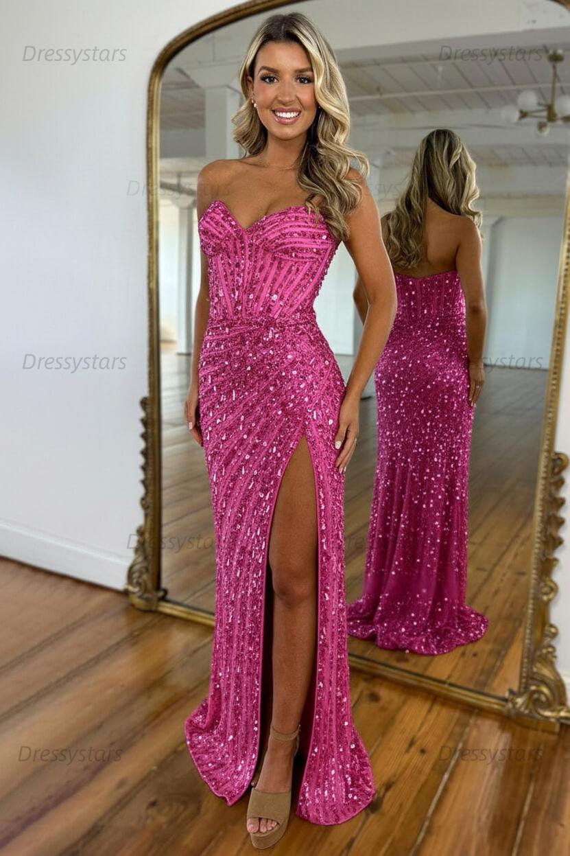 Sweetheart Prom Dress Mermaid Sequined With High Slit Skirt Formal Evening Gown