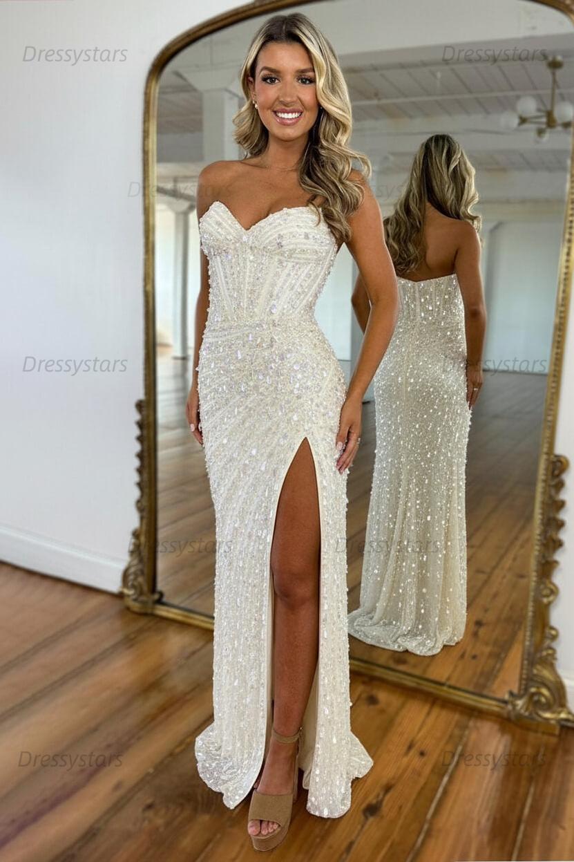Sweetheart Prom Dress Mermaid Sequined With High Slit Skirt Formal Evening Gown