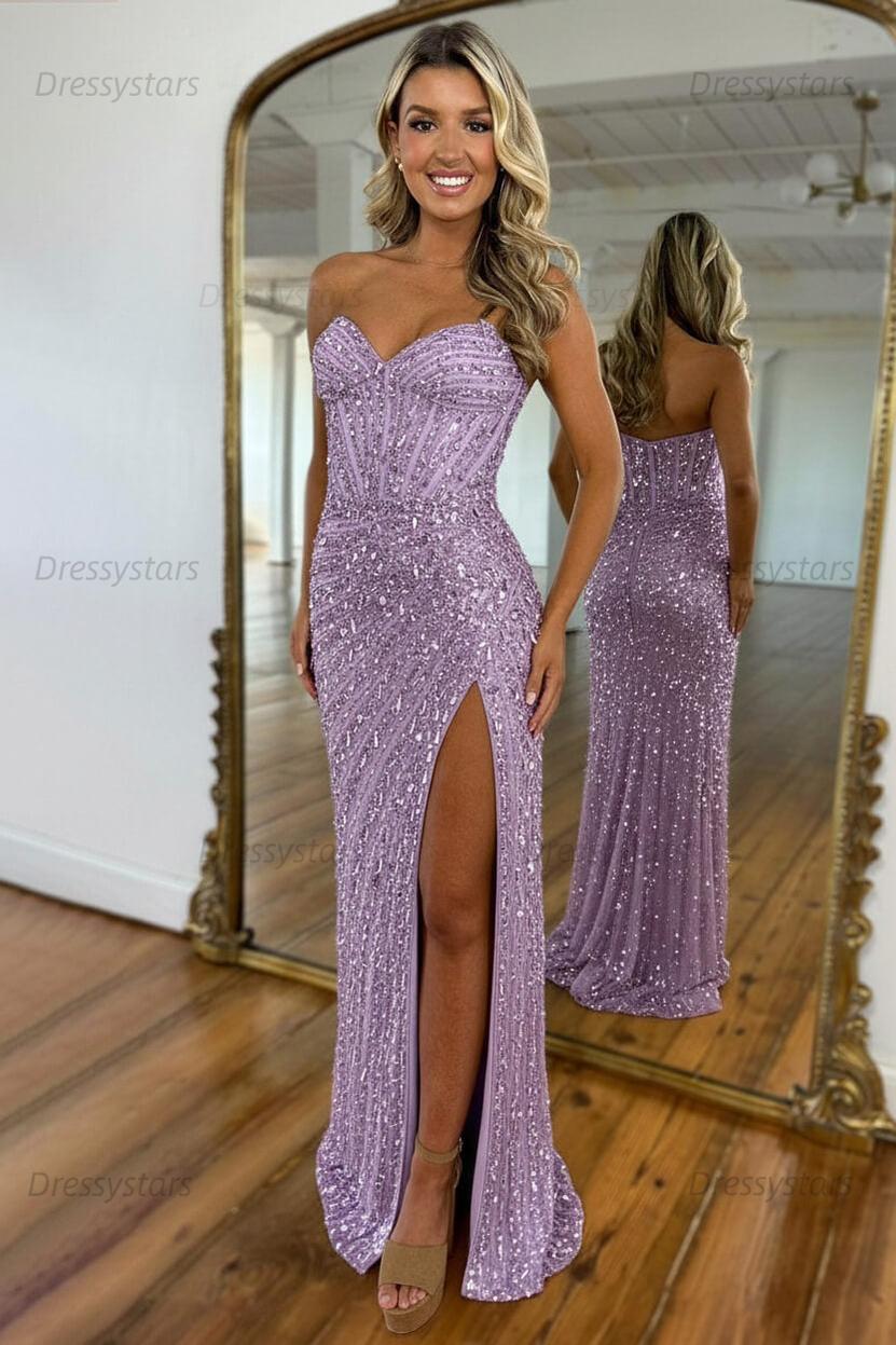 Sweetheart Prom Dress Mermaid Sequined With High Slit Skirt Formal Evening Gown