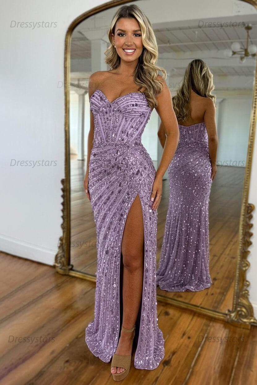Sweetheart Prom Dress Mermaid Sequined With High Slit Skirt Formal Evening Gown