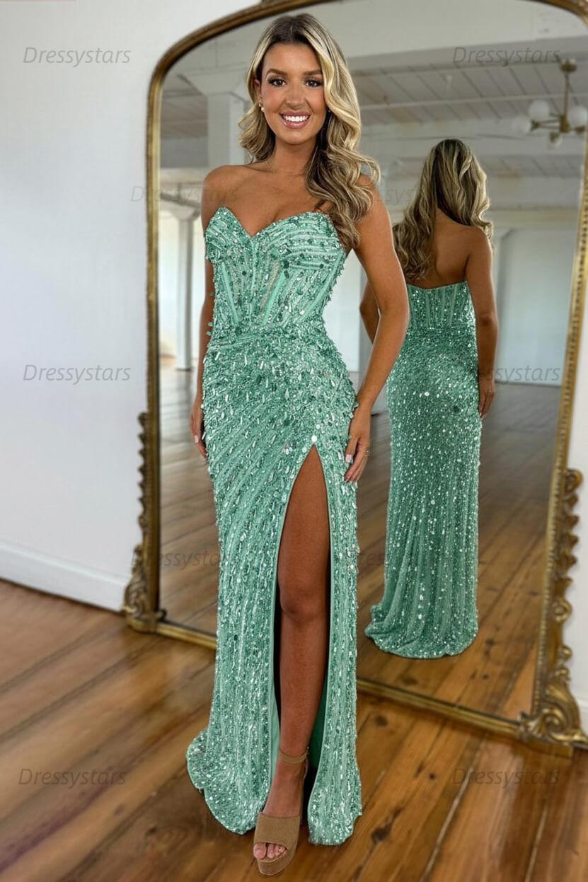 Sweetheart Prom Dress Mermaid Sequined With High Slit Skirt Formal Evening Gown