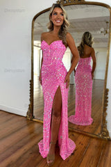 Sweetheart Prom Dress Mermaid Sequined With High Slit Skirt Formal Evening Gown