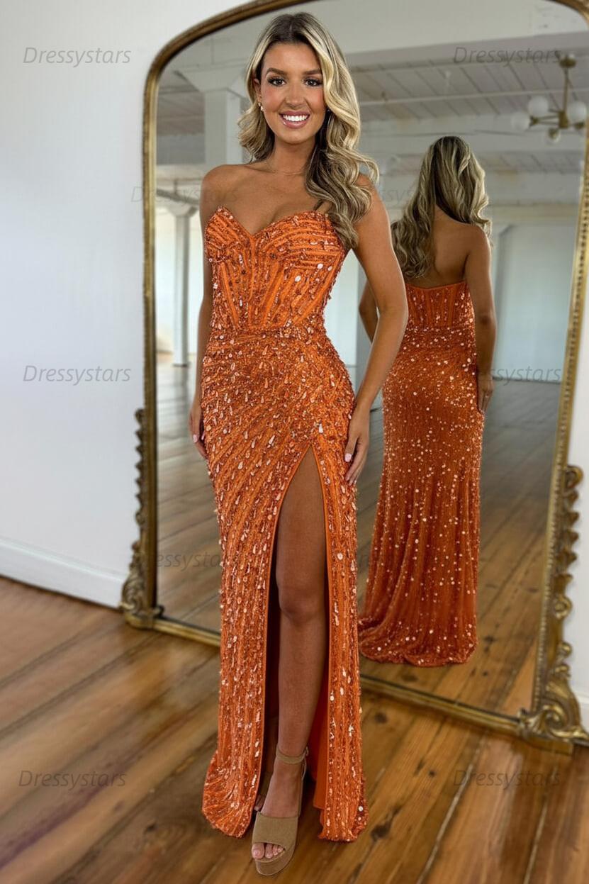 Sweetheart Prom Dress Mermaid Sequined With High Slit Skirt Formal Evening Gown