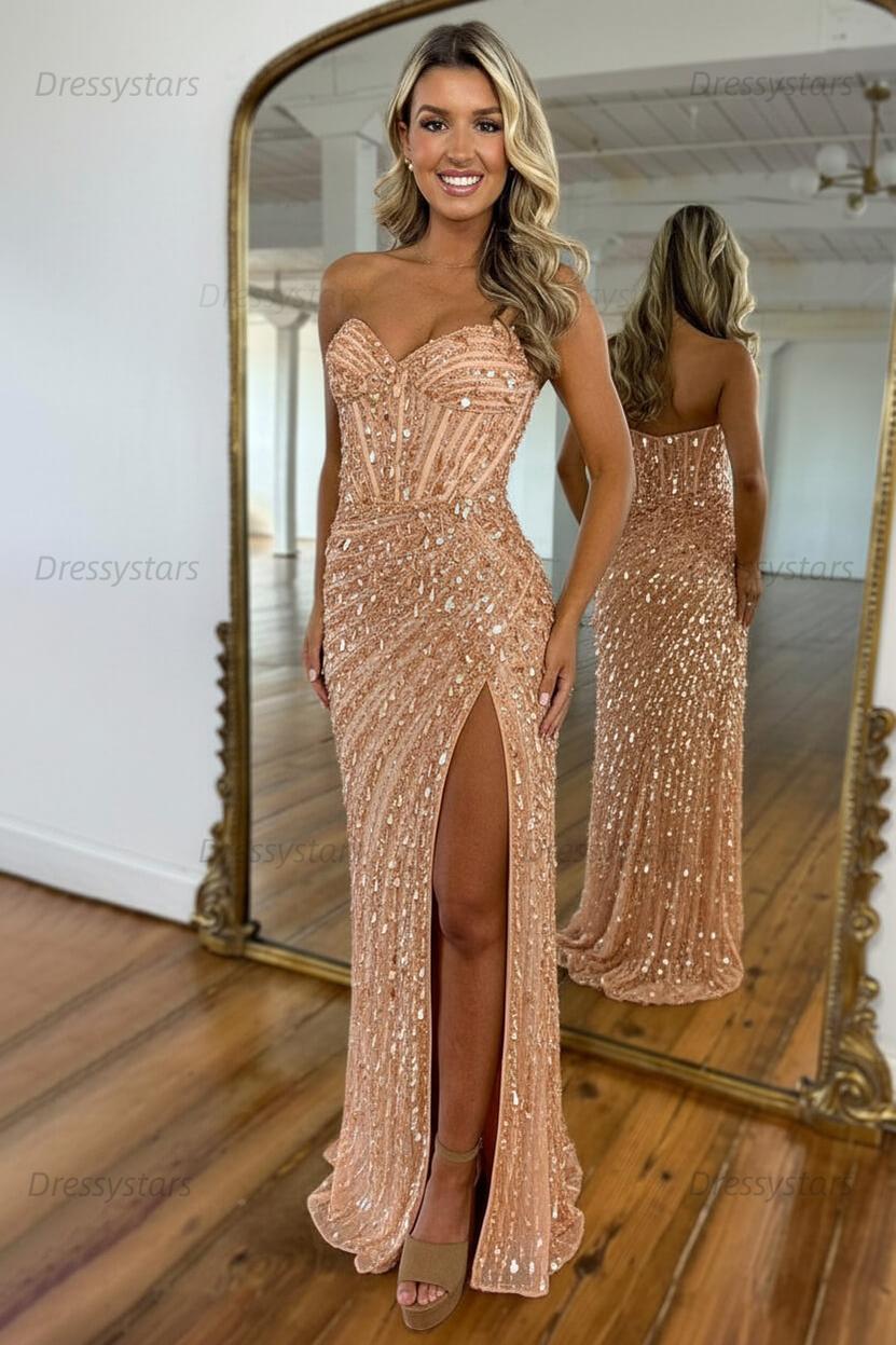 Sweetheart Prom Dress Mermaid Sequined With High Slit Skirt Formal Evening Gown