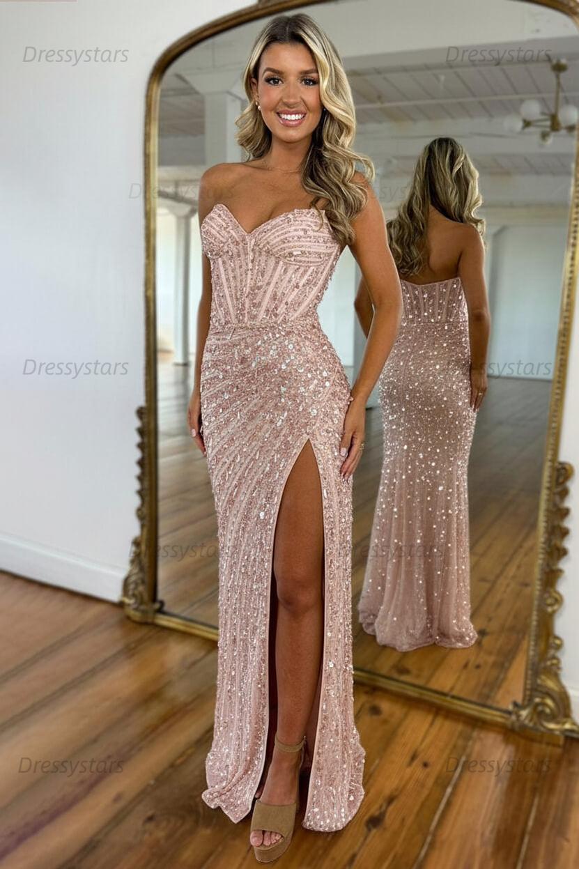 Sweetheart Prom Dress Mermaid Sequined With High Slit Skirt Formal Evening Gown