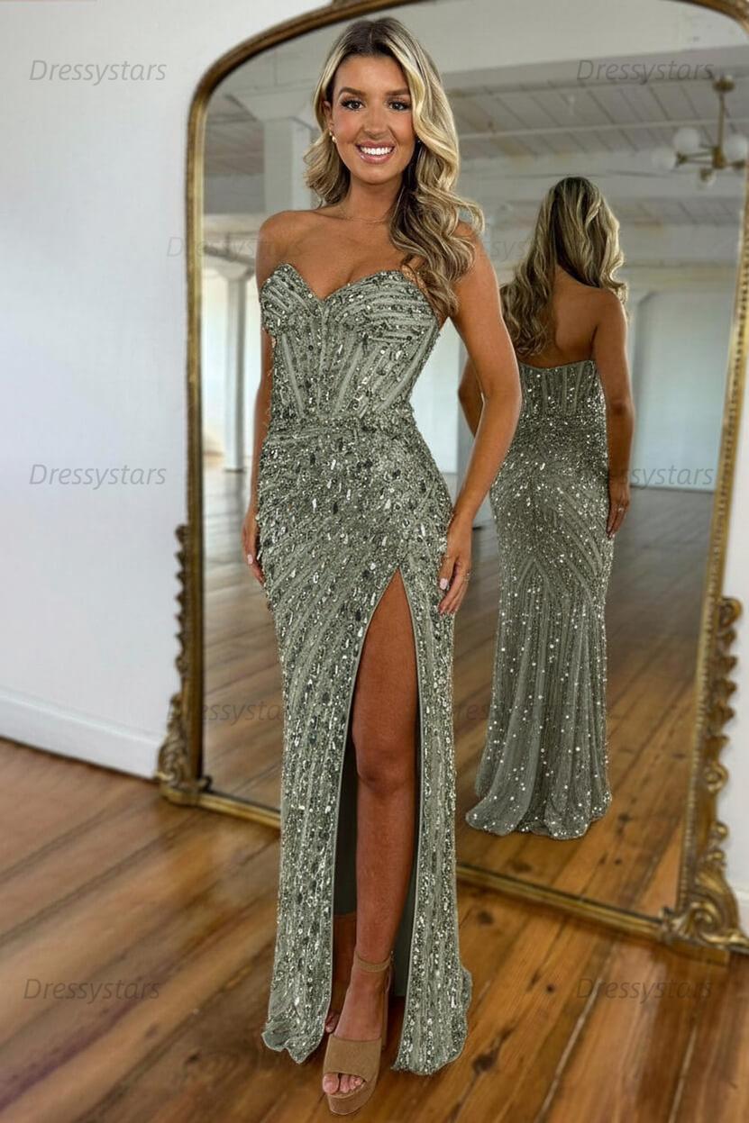 Sweetheart Prom Dress Mermaid Sequined With High Slit Skirt Formal Evening Gown