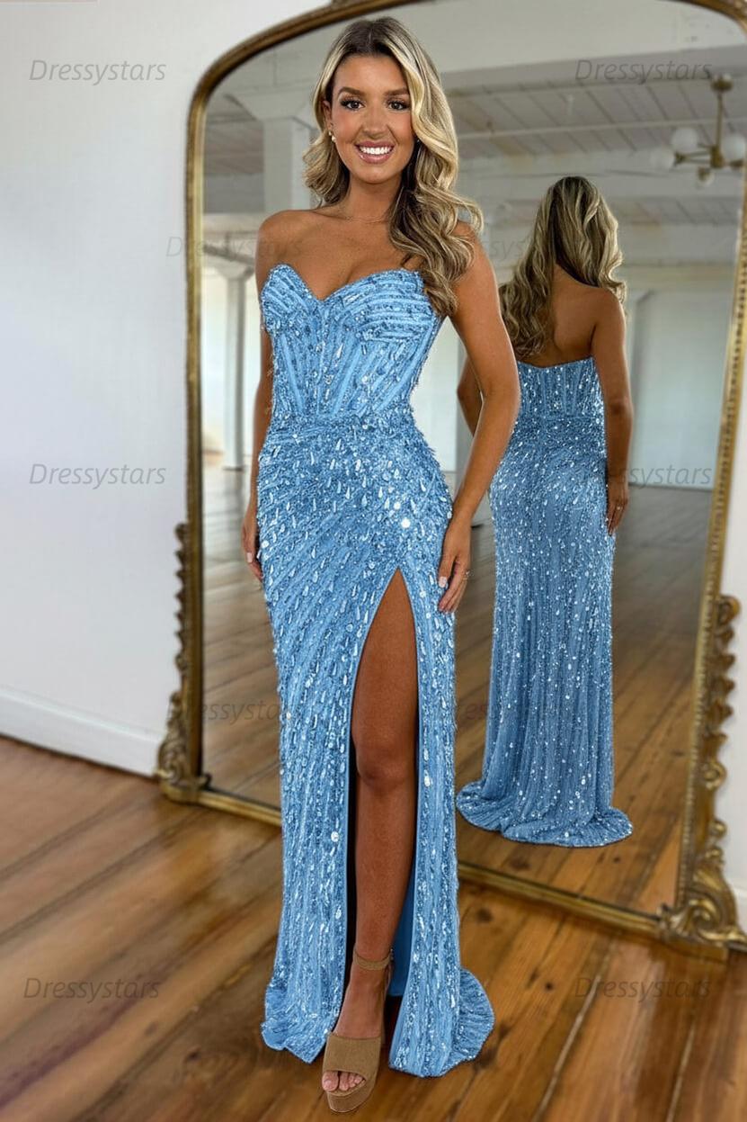 Sweetheart Prom Dress Mermaid Sequined With High Slit Skirt Formal Evening Gown