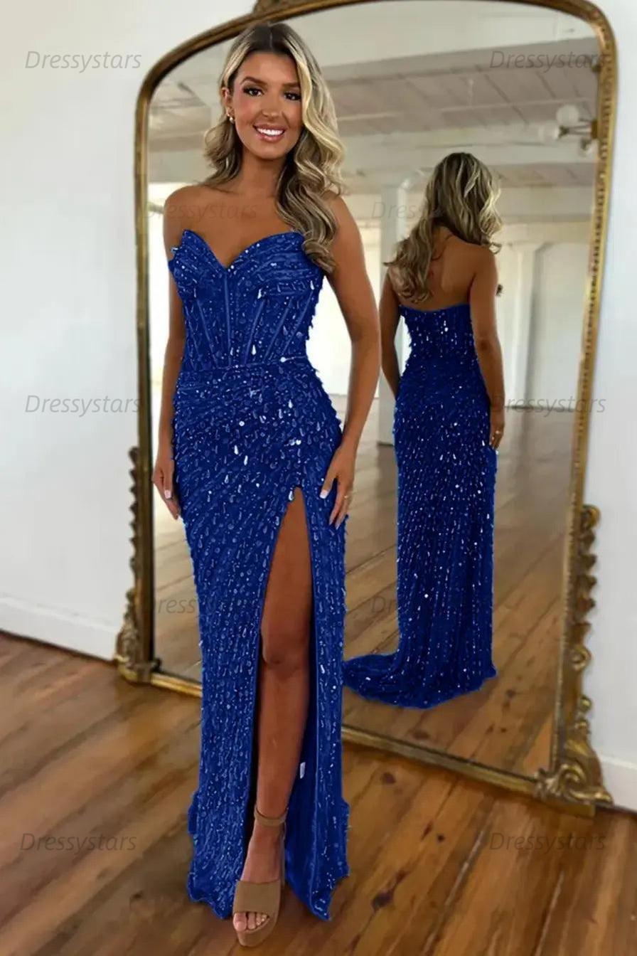 Sweetheart Prom Dress Mermaid Sequined With High Slit Skirt Formal Evening Gown