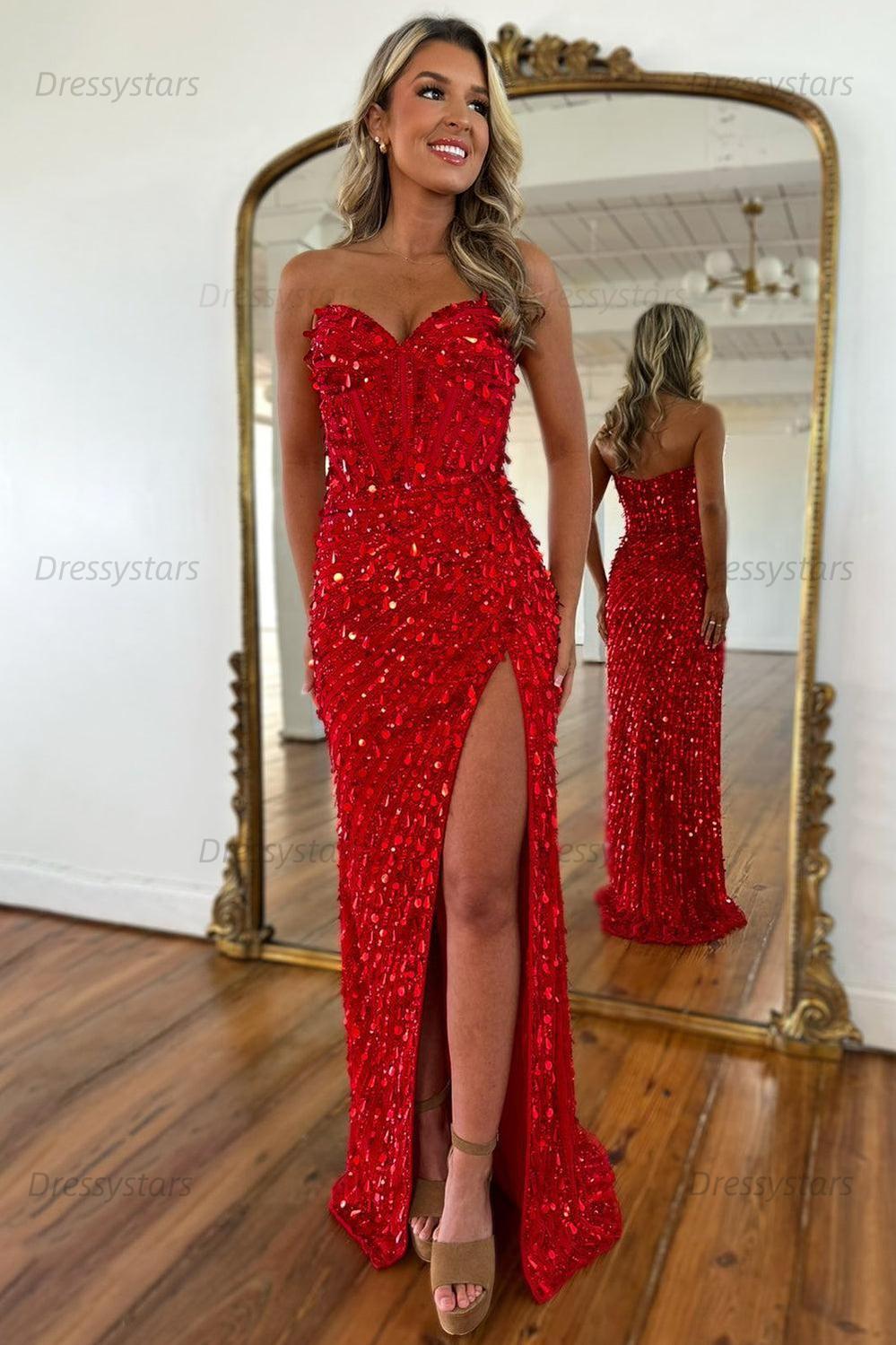 Sweetheart Prom Dress Mermaid Sequined With High Slit Skirt Formal Evening Gown