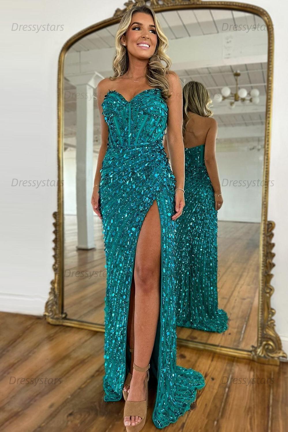 Sweetheart Prom Dress Mermaid Sequined With High Slit Skirt Formal Evening Gown