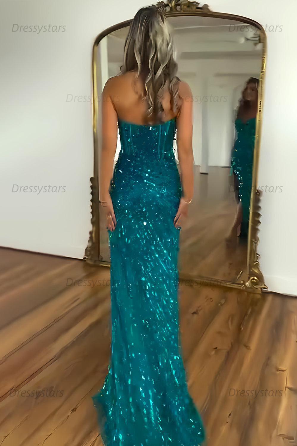 Sweetheart Prom Dress Mermaid Sequined With High Slit Skirt Formal Evening Gown