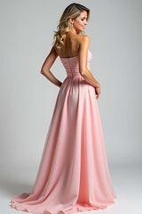 Sweetheart Ruched A Line Pink Wedding Guest Dress Long Formal Dress