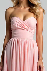 Sweetheart Ruched A Line Pink Wedding Guest Dress Long Formal Dress