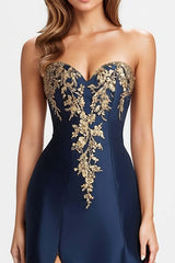 Sweetheart Satin Beaded Navy Blue Wedding Guest Dress A Line Long Formal Dress With Slit