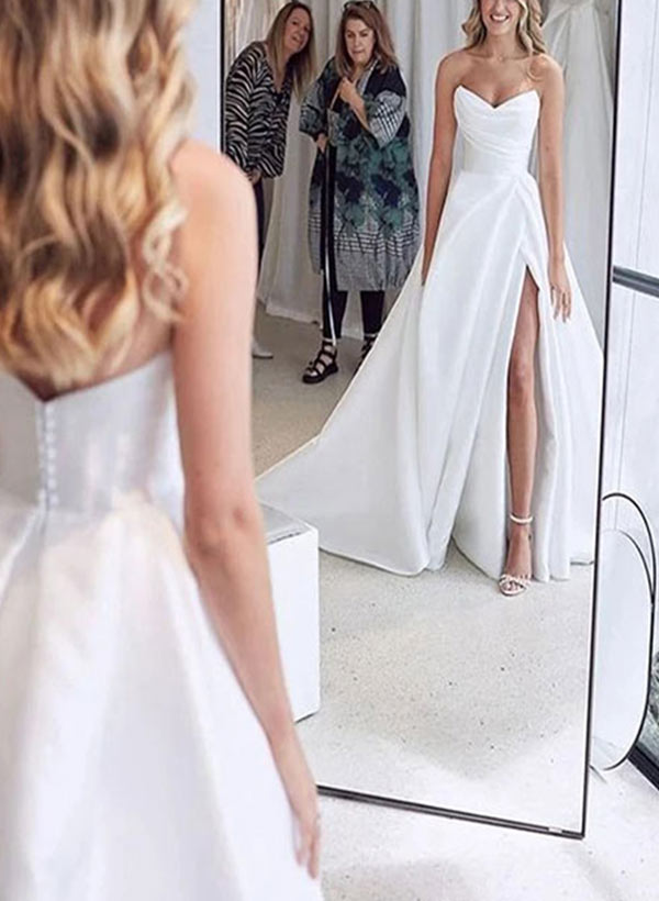 Sweetheart Satin Sweep Train Wedding Dress With Split Front