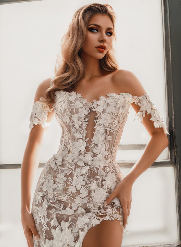 Sweetheart Short Sleeves Court Train Lace Wedding Dress With Appliques Lace